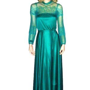 Vintage Green Sheer Lace Maxi Dress S